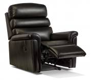 Small manual recliner chair shown in Queensbury Black leather