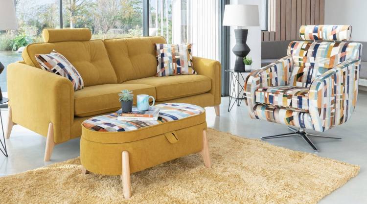 Swivel chair shown in room setting with Sofo sofa & Ottoman in fabrics 3933 & 3229 
