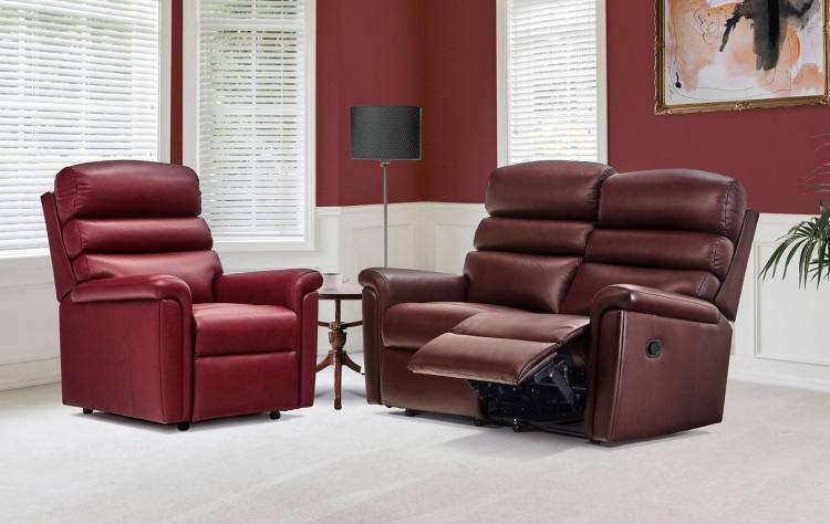 Chair shown with recliner sofa in Queensbury Conker leather 