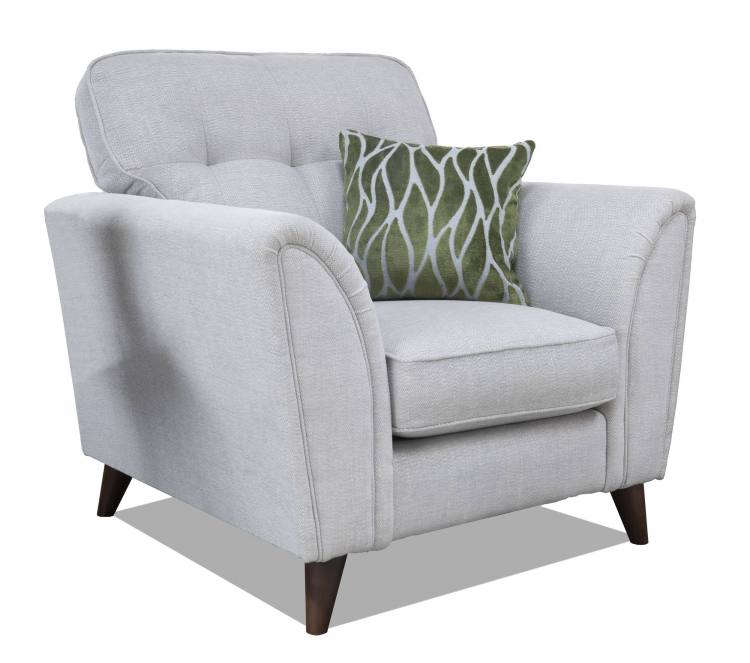 Alstons Oceana chair pictured in fabric 2727 (Band C), small scatter cushion in 2110, walnut eco legs.