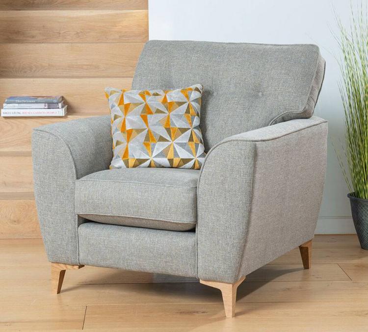 Chair in fabric 9348 with small scatter cushion in 9093 and Light Oak legs