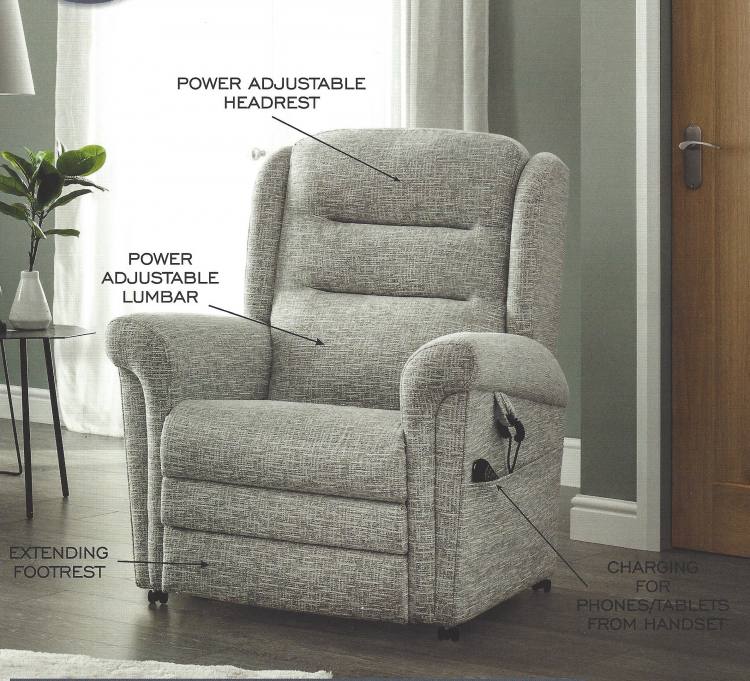 Chair features with left handed controls shown in Cromwell Weave fabric 
