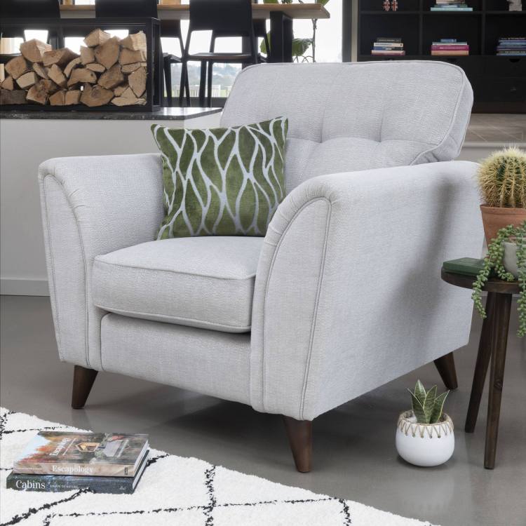 Pictured in fabric 2727 (Band C), small scatter cushion in 2110, walnut eco legs.