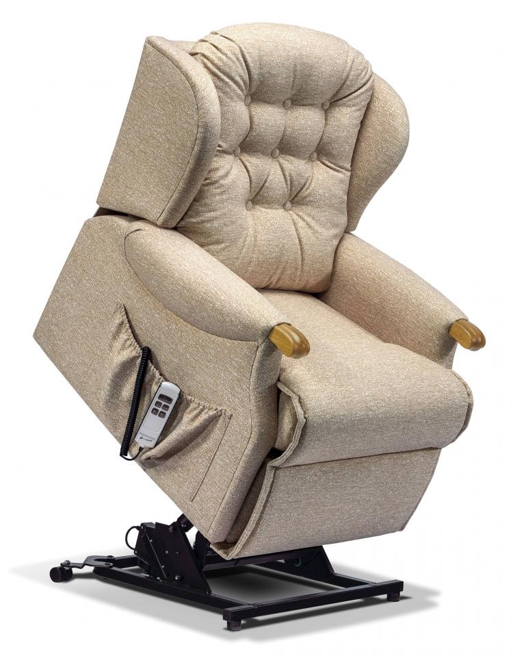 Dual motor chair shown in an Oatmeal fabric with Light Oak knuckles