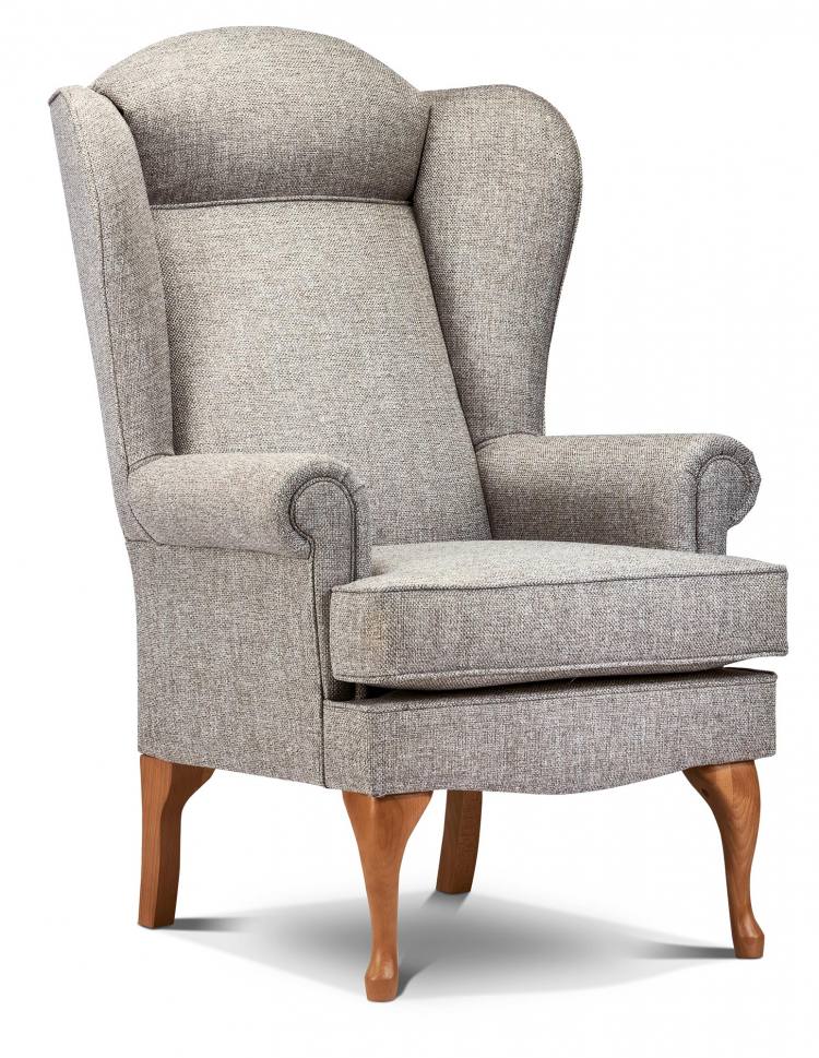 Chair in Caspian Grey fabric with Queen Anne style light legs 