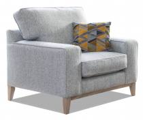 Alstons Fairmont chair in fabric 0427, small scatter cushion in 0049, weathered oak plinth.