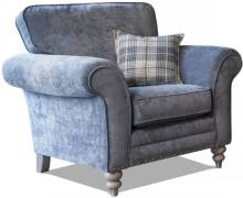 Alstons Cleveland chair pictured in fabric 2747 (Band B), small scatter cushion in 2509, grey ash/brushed nickel legs. With optional pewter studding.