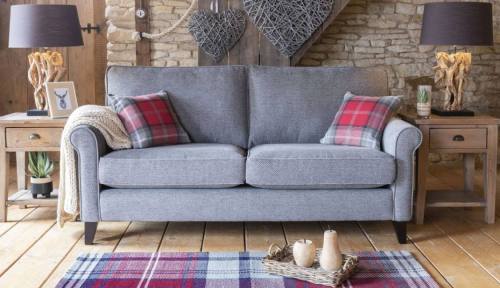 Poppy 3 seater sofa (high legs only) in fabric 1767, small scatter cushions in fabric 1621, dark legs