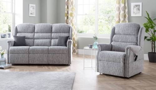 Ideal Upholstery Aintree 3 seater sofa and Riser Recliner Chair shown with \'Cascade\' style backs in fabric Alexandra Park Ripple Steel 