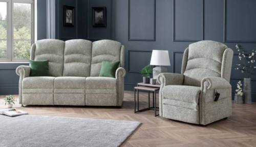 Ideal Upholstery Aintree 3 seater sofa and Riser Recliner Chair shown with \'Cascade\' style backs in fabric Alexandra Park Ripple Steel 