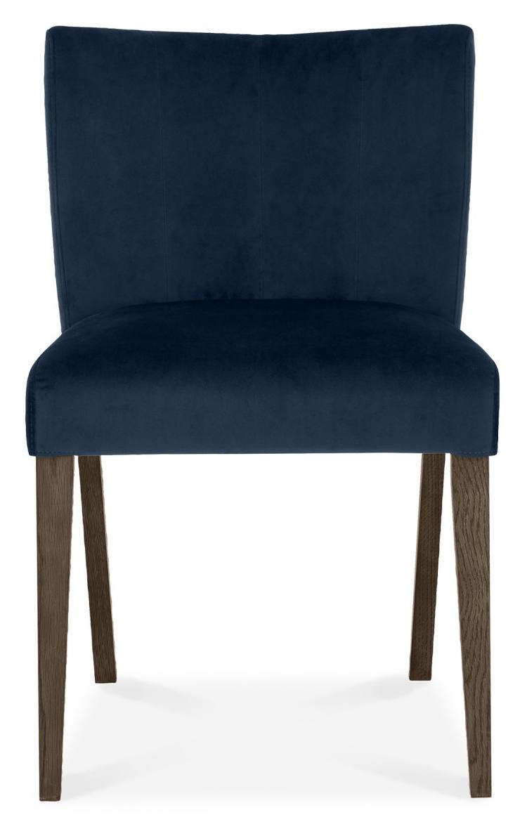 Front of the Bentley Designs Turin Dark Oak Low Back Uph Chair in Dark Blue Velvet Fabric