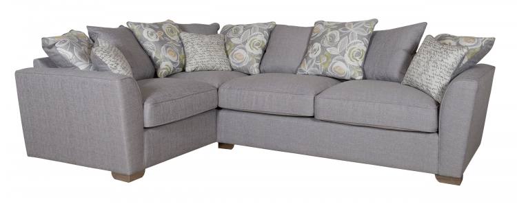 Pictured in Barley Silver with 5 pillows in same fabric, 4 pillows in Camelia Winter and scatter cushions in Script Grey 