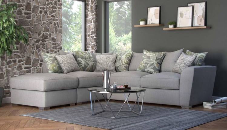 Pictured in Barley Silver with Camelia Winter pillow back cushions, Script Grey scatter cushions and Mid Oak feet