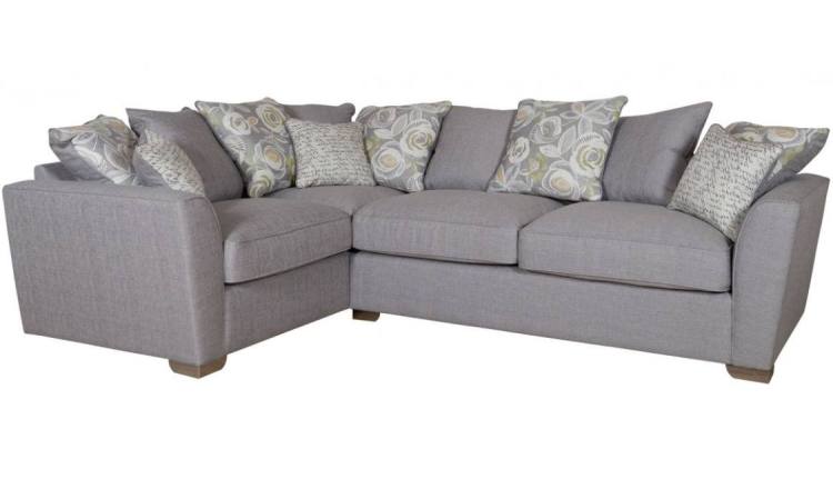 Barley Grey with 5 pillows in Camelia Winter, 4 pillows in main fabric and scatter cushions in Script Grey