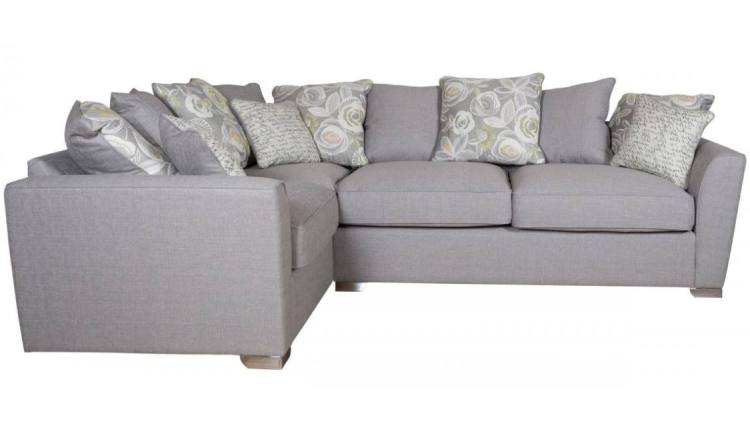 Barley Grey with 5 pillows in Camelia Winter, 4 pillows in main fabric and scatter cushions in Script Grey