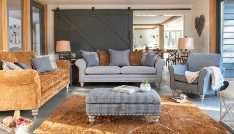 3 seater sofa (standard back) in fabric 2743, large scatter cushions in 2507, small scatter cushions in 2557, grey ash/brushed nickel legs. Grand sofa (pillow back) in fabric 1769, 2 pillows in 2507, 2 pillows in 2743, 1 pillow in 2487, small scatter cush