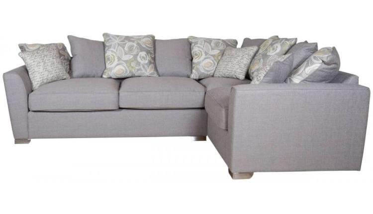 Pictured in Barley Silver with 5 pillows in same fabric, 4 pillows in Camelia Winter and scatter cushions in Script Grey 