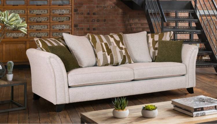 Alstons Emelia 4 seater Pillow back sofa shown in fabrics 3948, 3130 & 3940