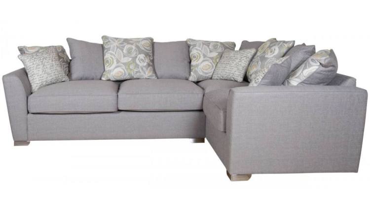 Barley Grey with 5 pillows in Camelia Winter, 4 pillows in main fabric and scatter cushions in Script Grey - Sofa Bed closed 