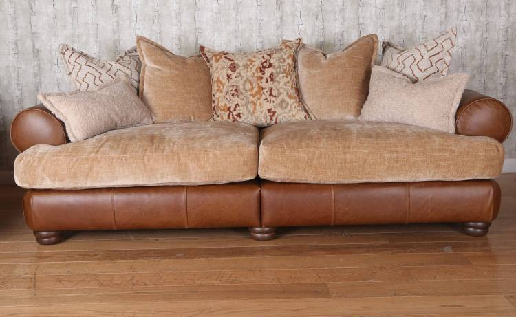 Sofa shown in Pillow Back style in Lazio Brown leather / fabric combination 