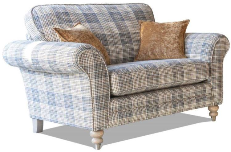 Alstons Cleveland Snuggler in fabric 2507 (Band D), small scatter cushions in 2743, grey ash/brushed nickel legs.