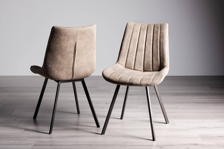 Bentley Designs Fontana Tan Faux Suede Fabric Chairs on Display