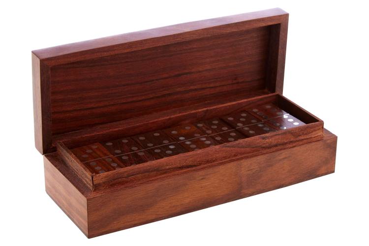 Includes wooden domino pieces with aluminium detailing