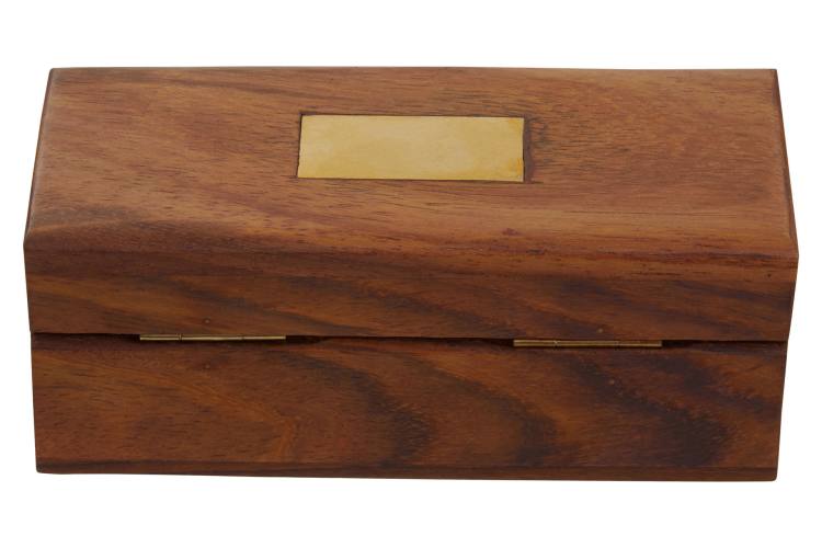 Acacia wood storage box with brass detailing.