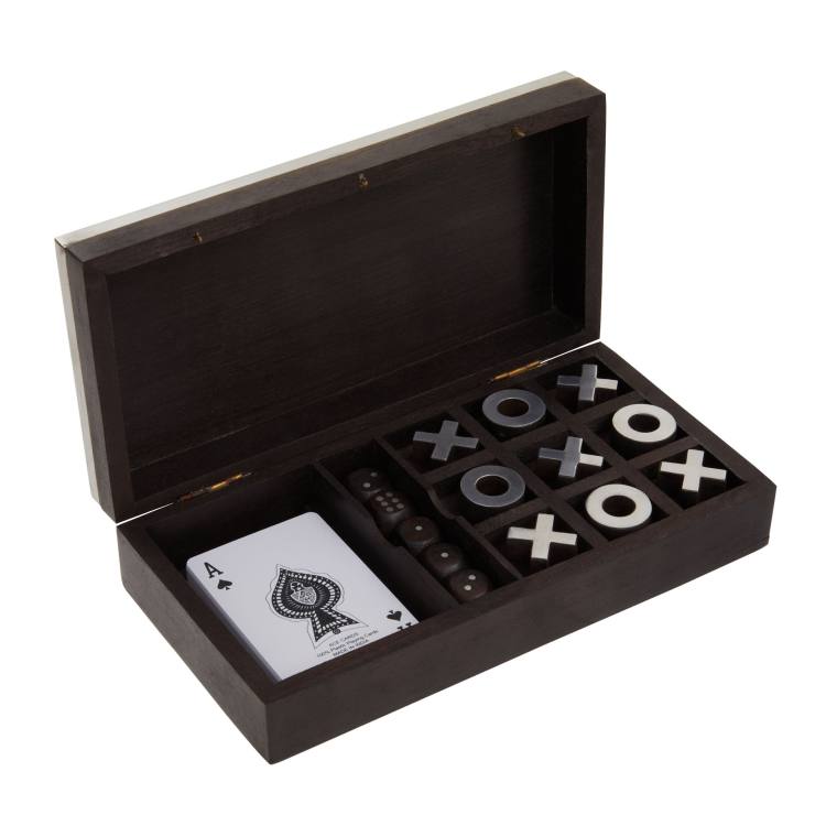 Includes a deck of playing cards, wooden dice and metal noughts and crosses.