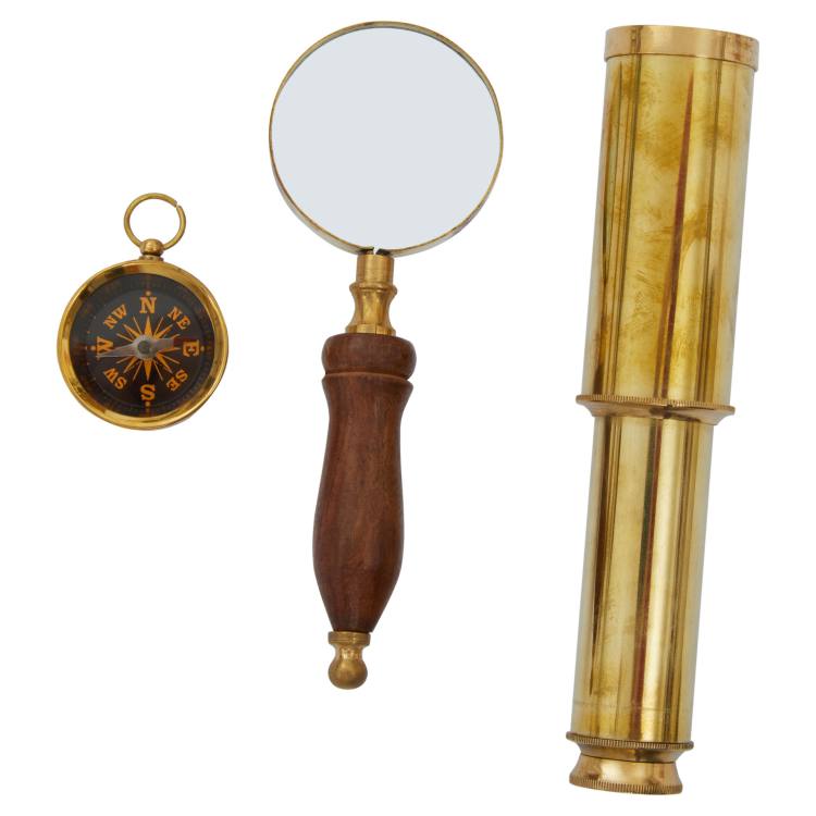 Brass compass, acacia wood magnifying glass and brass telescope.