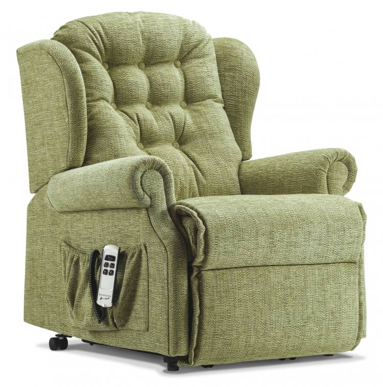 Lynton Petite Riser Recliner chair shown in Como Apple fabric 